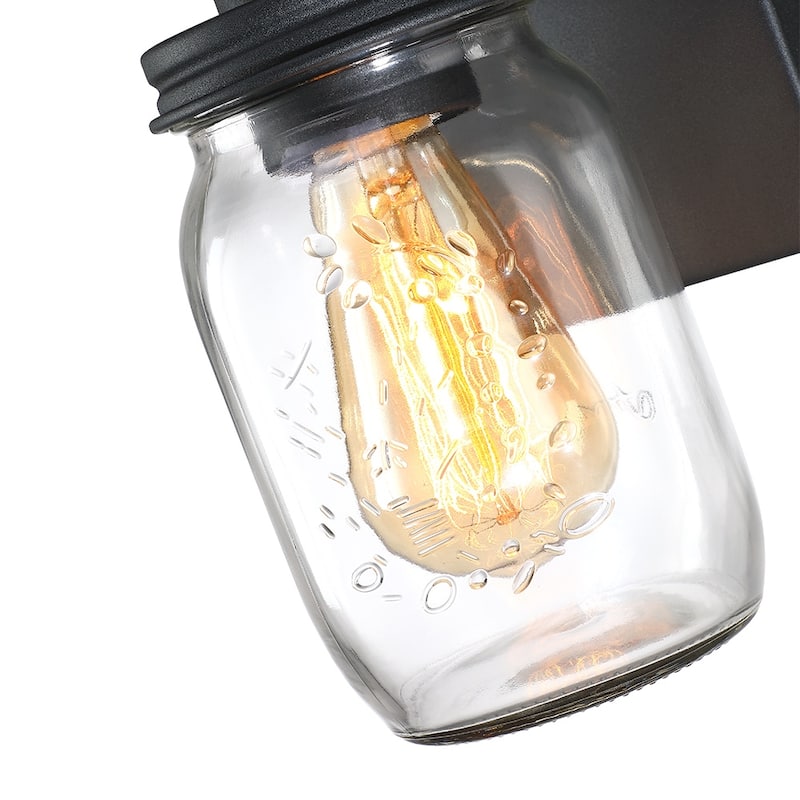 1-Light Black/Wood Tone Rustic Farmhouse Wall Sconce with Clear Mason Jar Glass Shade - 10"H x 4.7"W x 5.4"D