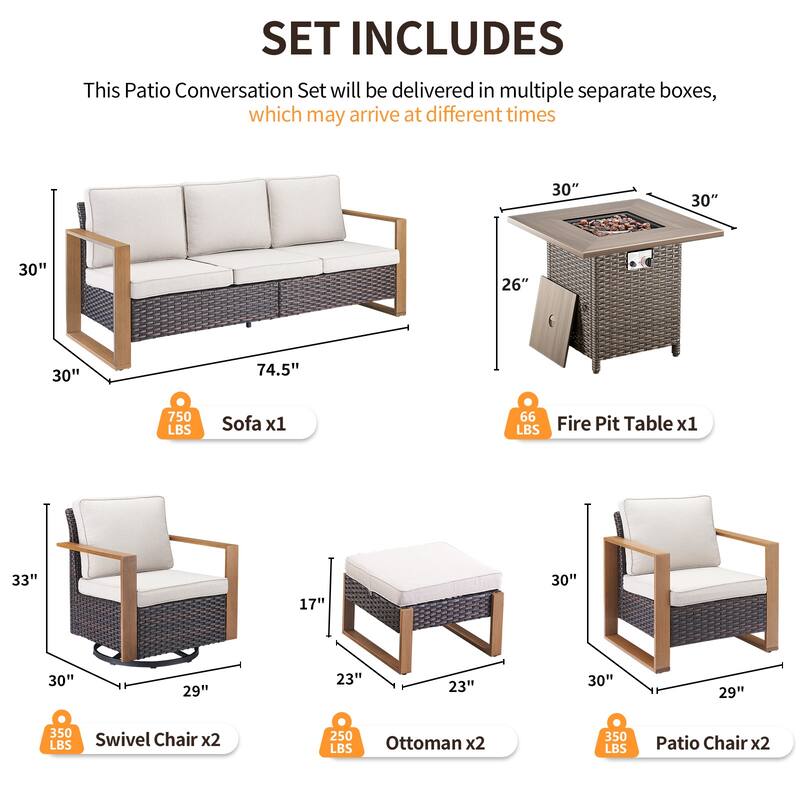 Pocassy 4/6/8PCS Sofa Swivel Chair with Fire Pit Table Set