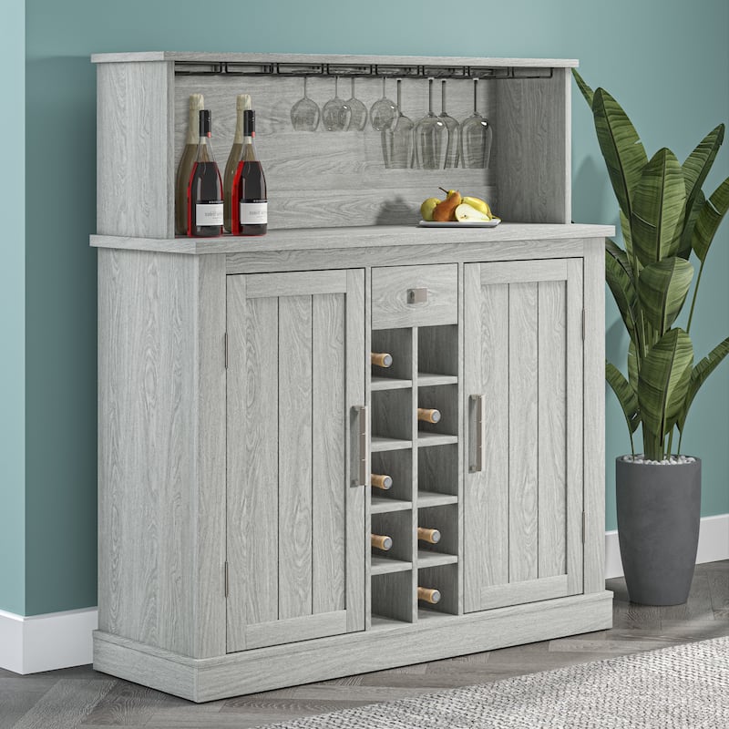 47 in. Wood Buffet Bar Cabinet with Wine Rack with granite pattern countertop - Grey