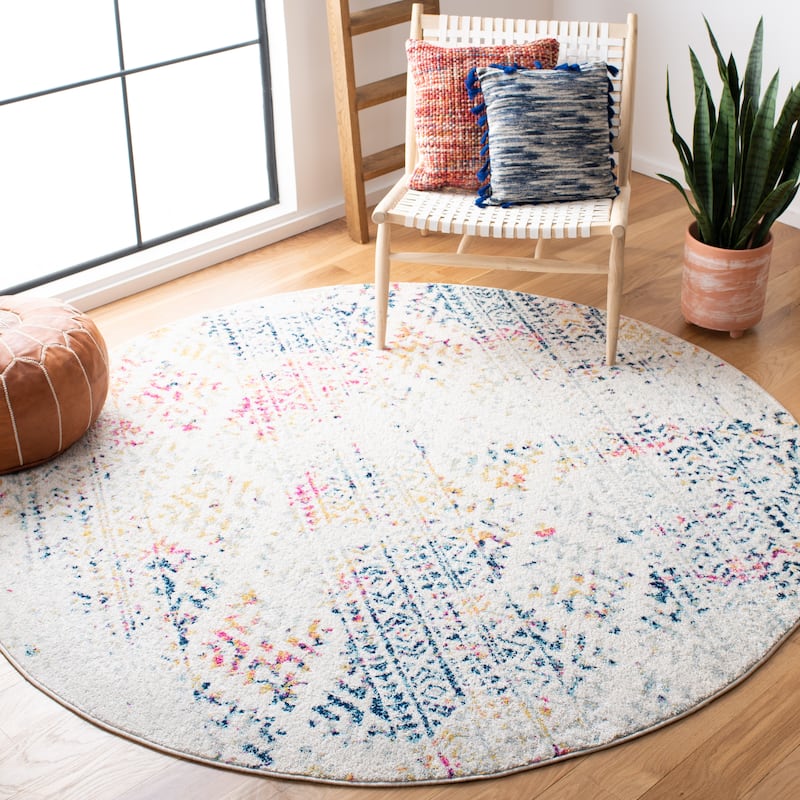 SAFAVIEH Tulum Bora Moroccan Boho Chic Area Rug - 9' Round - Ivory/Blue