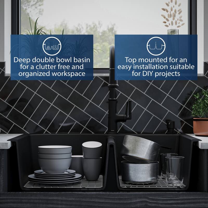Karran Drop-In Quartz 33 in. 1-Hole 60/40 Double Bowl Kitchen Sink Kit