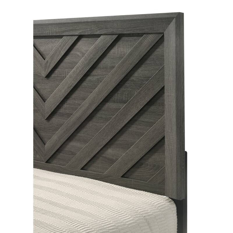 Queen Size Bed with Geometric Chevron Headboard, Rustic Gray Finish, Contemporary Design