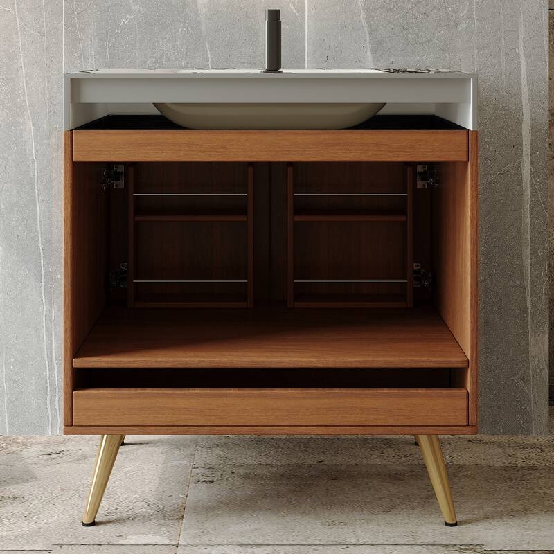Mid-Century 30" Freestanding Bathroom Vanity with Faux Marble Top, Ceramic Sink & Gold Legs Cabinet