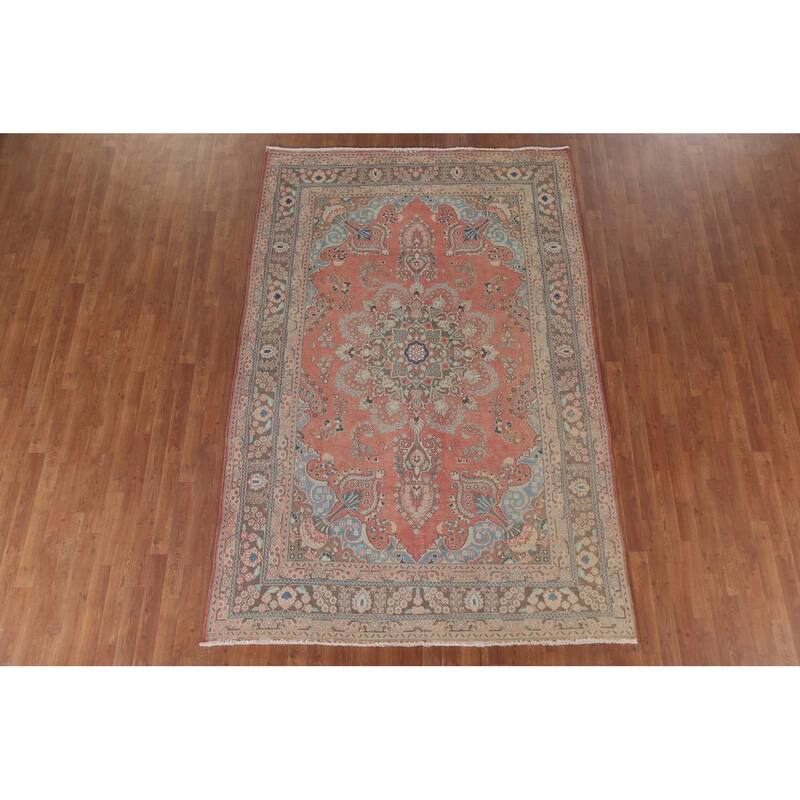 Hand Knotted Oriental 100% Wool Carpet Traditional Floral Pink Mashad Area Rug - 9' 5'' X 6' 2''