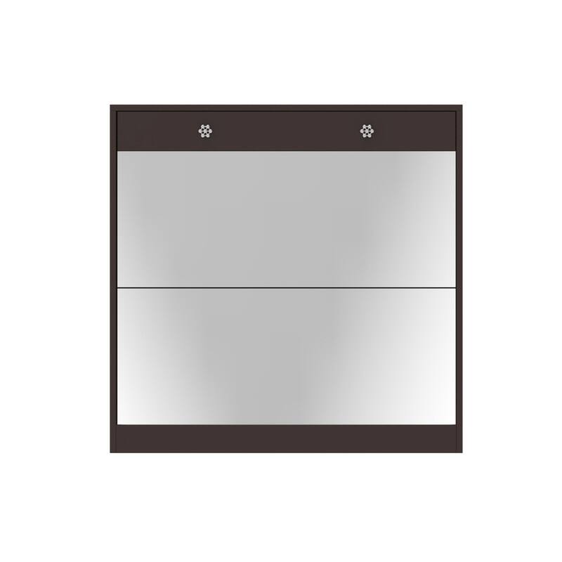Mirrored Shoe Cabinet with Drawers - Space-Saving Entryway Organizer in Brown Finish