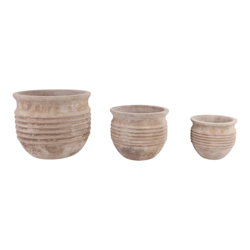 Pottery Planter Ribbed Crafted Durable Earthenware Material (Set of 3) - 15" x 15" x 13" - White/ Gold