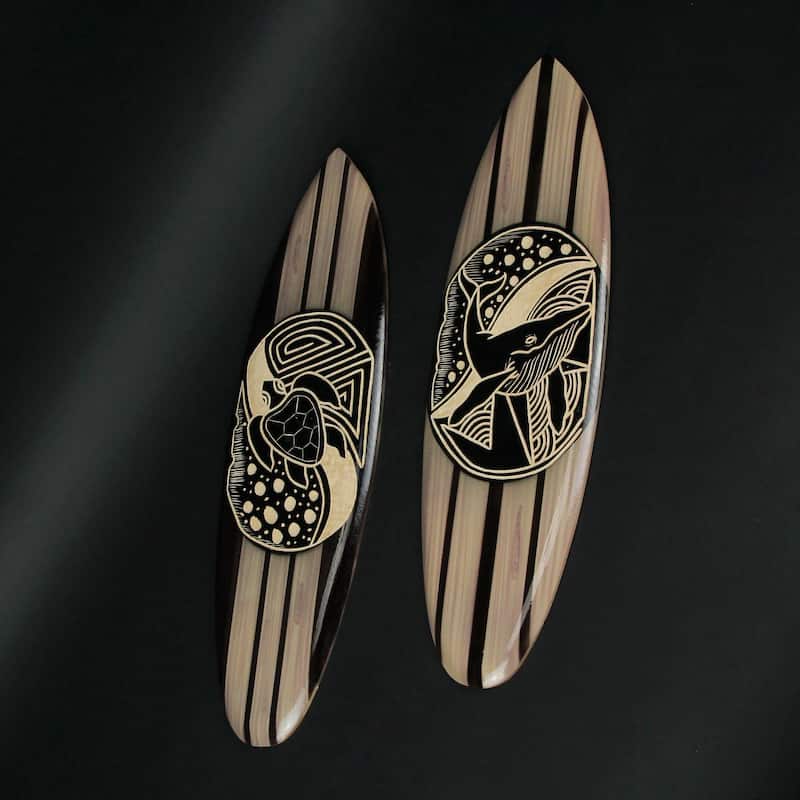 Zeckos 20 Inch Wood Surfboard Whale & Turtle Wall Hangings (Set Of 2)