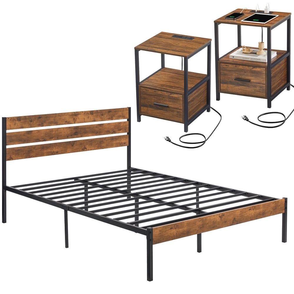 Javlergo 3-pieces Bedroom Set Queen Size Bed and 2 Nightstands with Charging Station USB Port