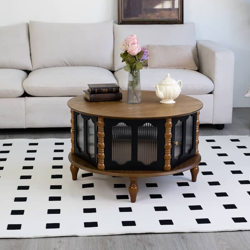 GDFStudio Theryn Real Wood Veneer Round Coffee Table with Three-Door Storage - Brown+Black