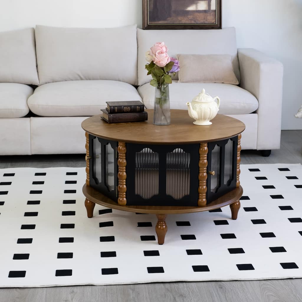 GDFStudio Theryn Real Wood Veneer Round Coffee Table with Three-Door Storage