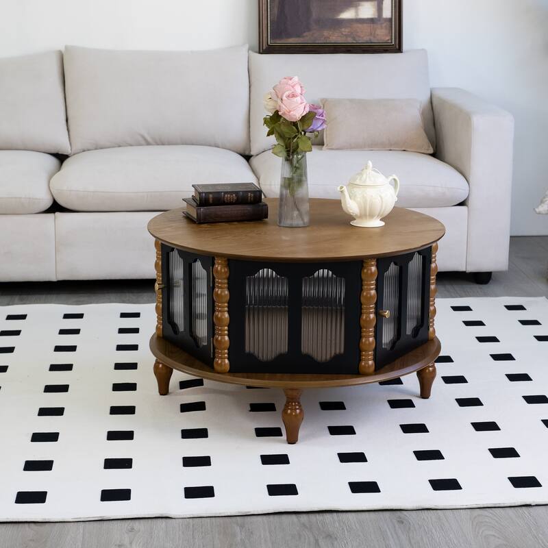 Rustic Round Coffee Table with Storage, 31.5" Wood Accent Table Mid Century Modern Center Tables with Door and Leg