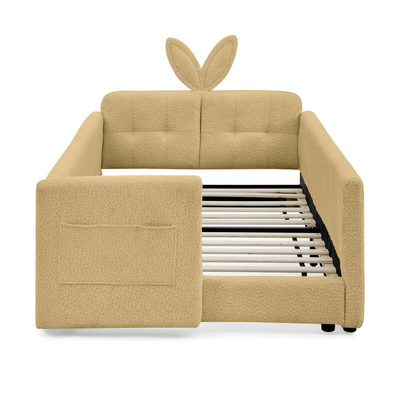 Twin Upholstered Platform Bed with Bunny Ear Headboard, Safety Rail & Pocket in Boucle Fabric