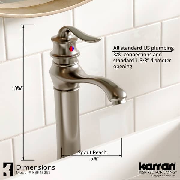 dimension image slide 1 of 2, Karran Dartford Single Hole Single Handle Vessel Bathroom Faucet with Matching Pop-up Drain