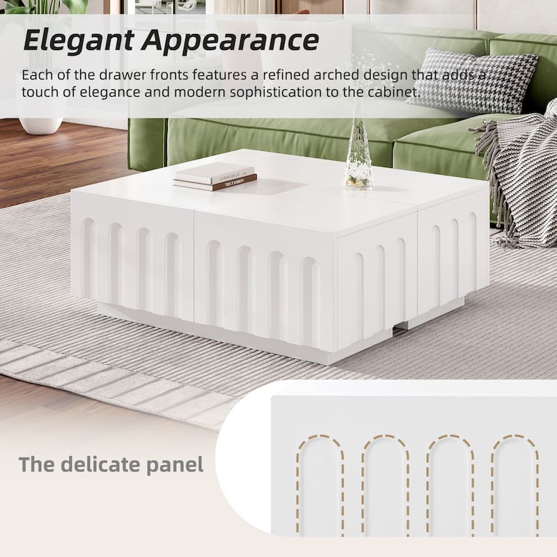 2-Piece Modular Cabinet Set with Arched Drawer Fronts, Coffee Table with 4 Drawers, TV Stand with Ample Storage White - White
