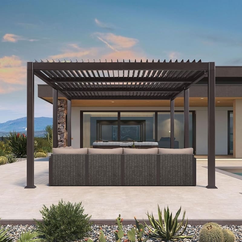 PURPLE LEAF Solar Louvered Pergola with LED String Lights Aluminum Outdoor Pergola with Adjustable Roof for Patio Garden