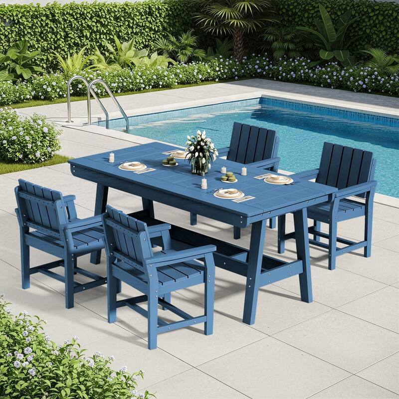HDPE Patio Dining Set with Rectangular 67.91in L Table with Umbrella Hole and 4 Chairs - N/A - Navy