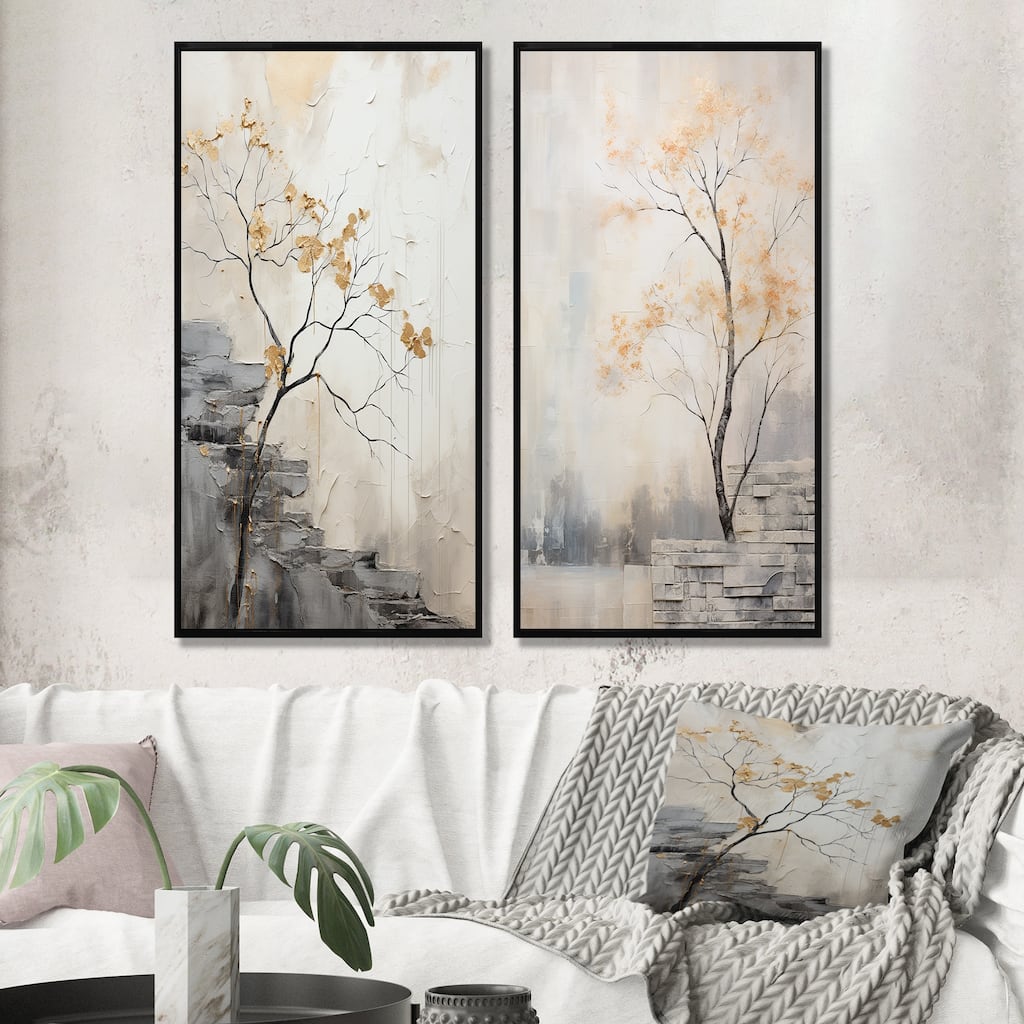 Designart "Minimalism Calm River Forest" Forest River Framed Wall Art Set Of 2 - Traditional Beige Wall Decor 2 Pieces
