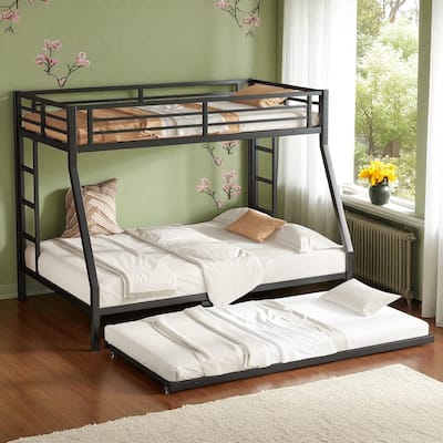 Twin over Full/Queen over Queen/Twin XL over Queen Metal Bunk Bed with Trundle, Black - Sturdy & Noise-Free
