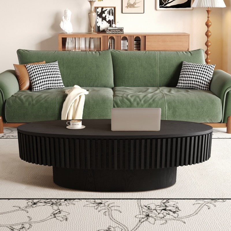 Modern 47" Oval Coffee Table with Storage Solid Wood Veneer for Living Room and Bedroom Decor - Black