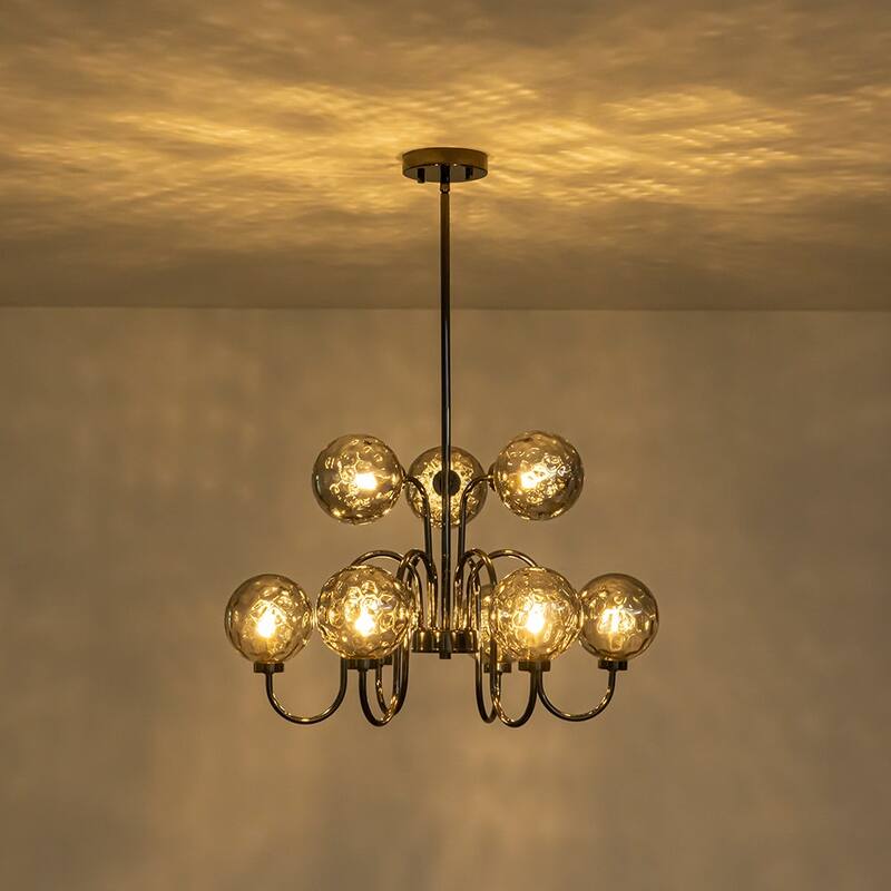 Art Deco 9-Light 2-Tier Smoked Water Glass Bubble Chandelier - 23.6in