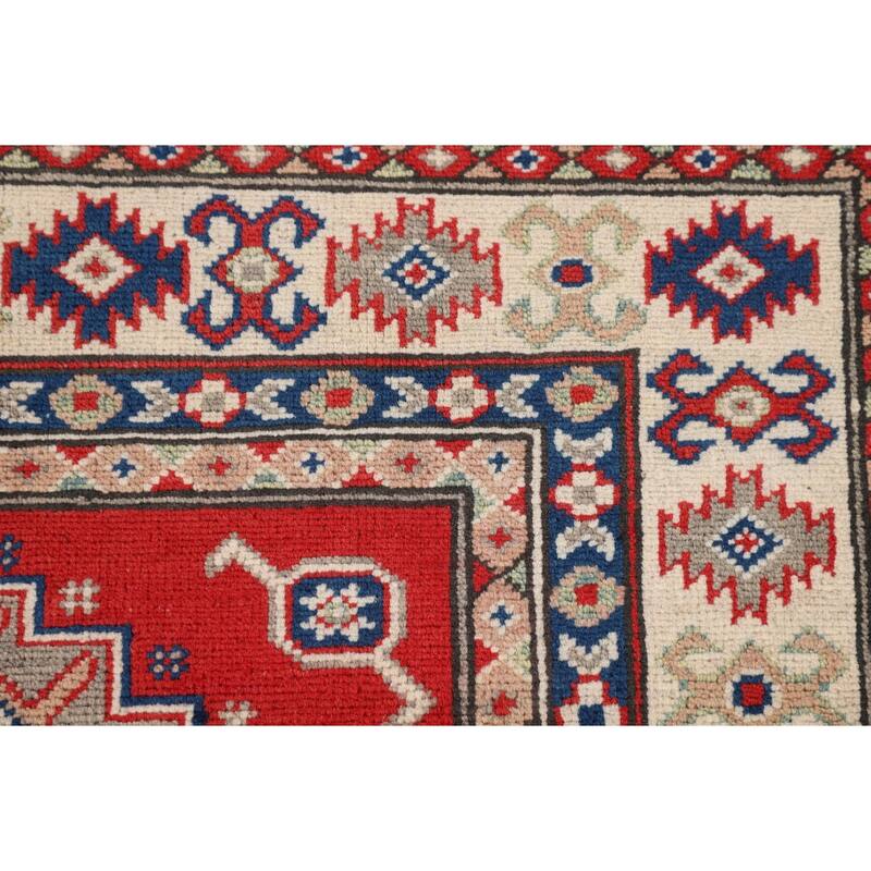 Geometric Red Kazak Accent Rug Handmade Oriental Wool Carpet - 3'3" x 4'10"