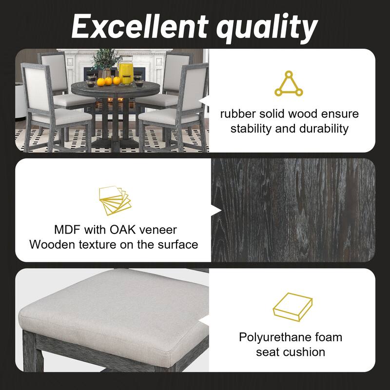 5-Piece Dining Set Extendable Round Table and 4 Upholstered Chairs