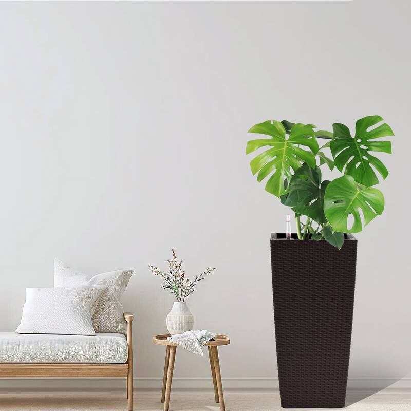 Square Planter Pack of 2, Faux Rattan Flower Pot with Automatic Watering System