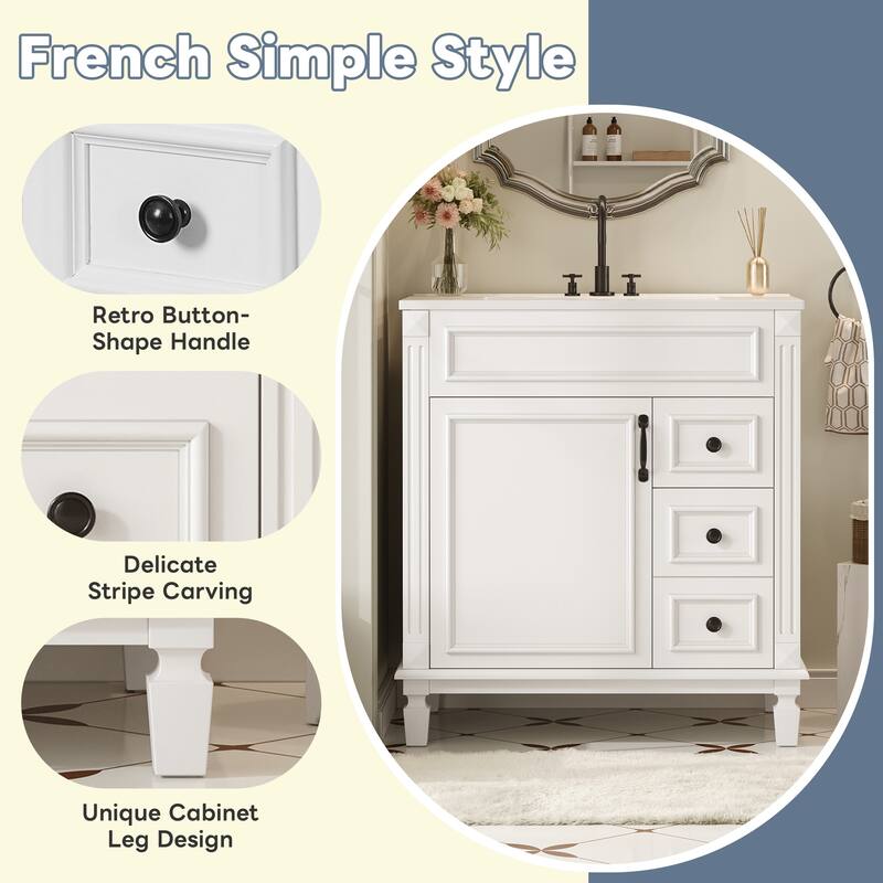 Roomfitters 30" Bathroom Vanity with Ceramic Sink, Modern Freestanding Bathroom Sink Cabinet and Adjustable Shelf