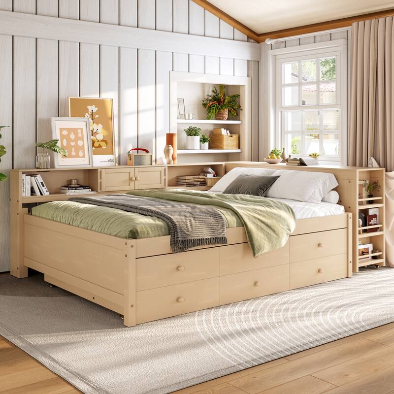 Full/Twin Daybed with Trundle & Storage Drawers - Wood Frame with Side Shelves and Desk
