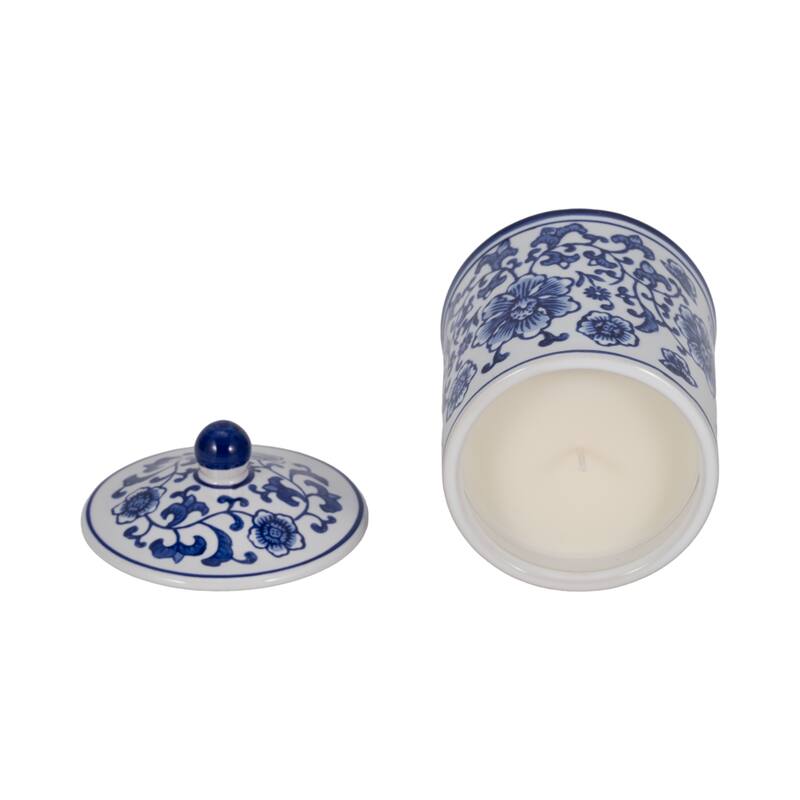 Sagebrook Home Ceramic Chinoiserie Scented Candle 6-Inch 8oz with Lid, Blue/White - 4" x 4" x 6"