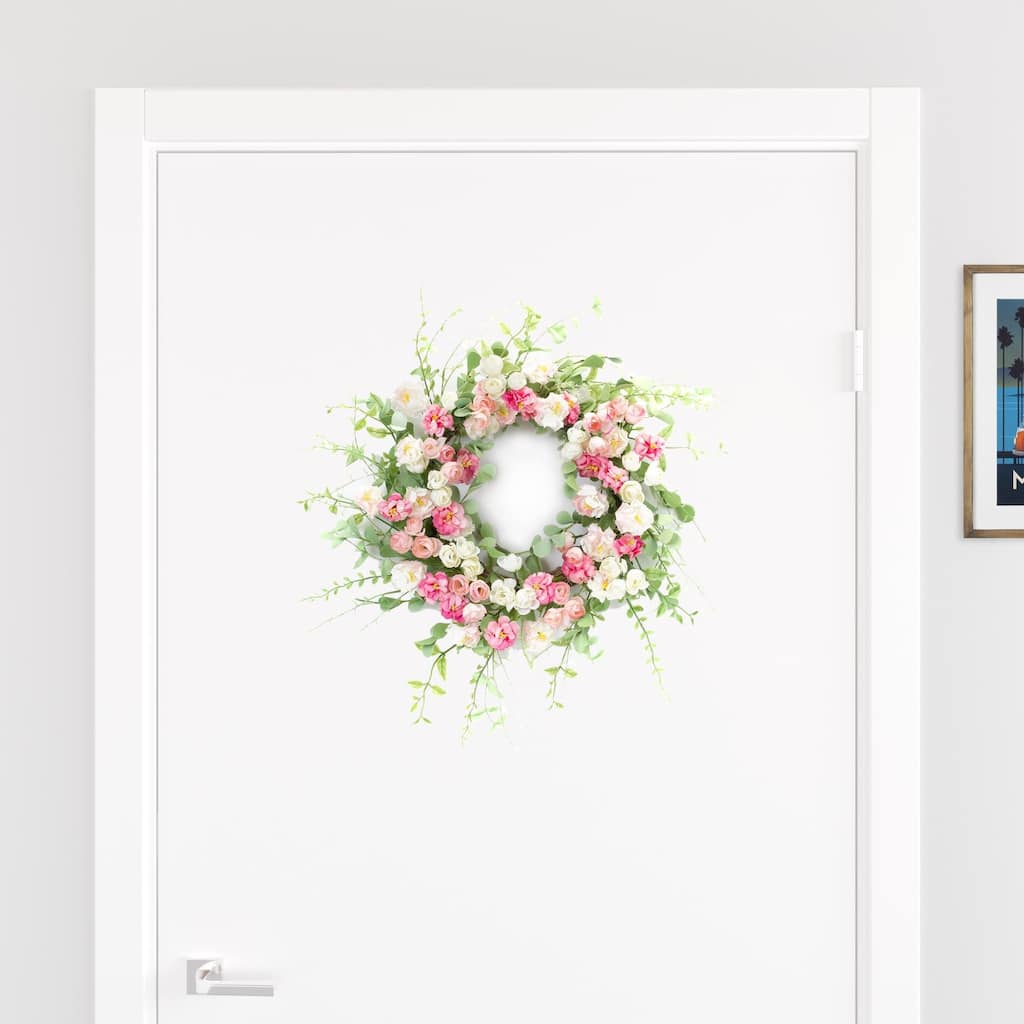 HomeRoots 23" Pink and Green Artificial Peony Wreath