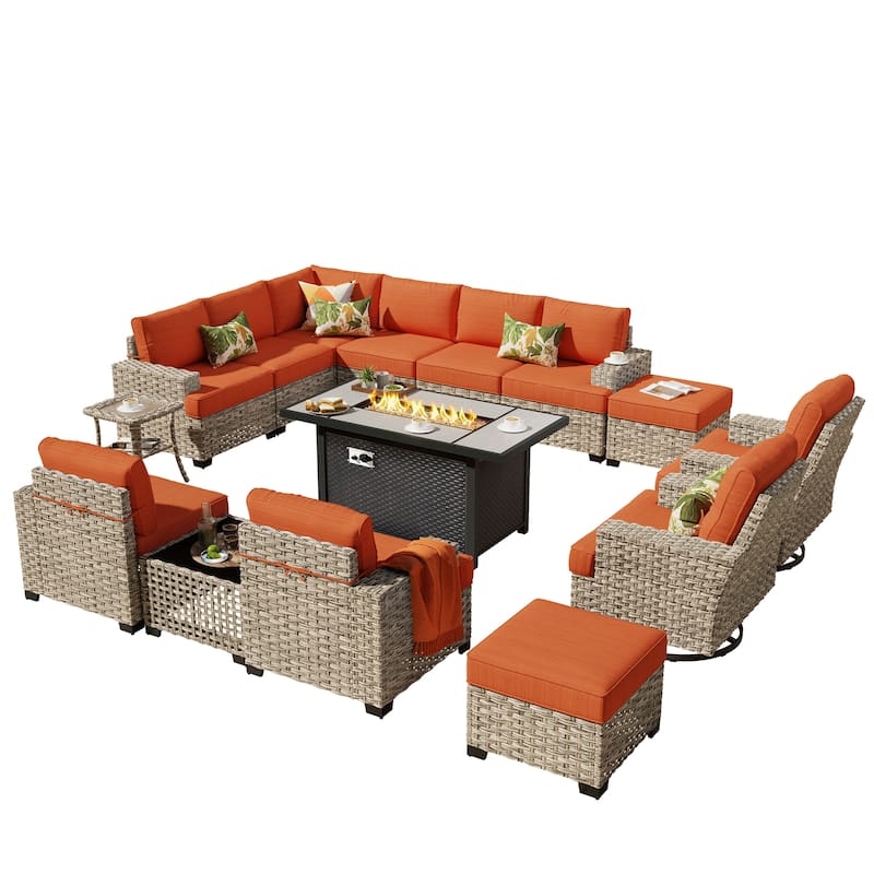 HOOOWOOO 15-piece Outdoor Sofa Patio Wicker Furniture Sectional Set with 54" Fire Pit Table