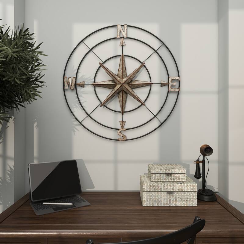 Gray Metal Indoor Outdoor Compass Home Wall Decor with Distressed Copper Like Finish