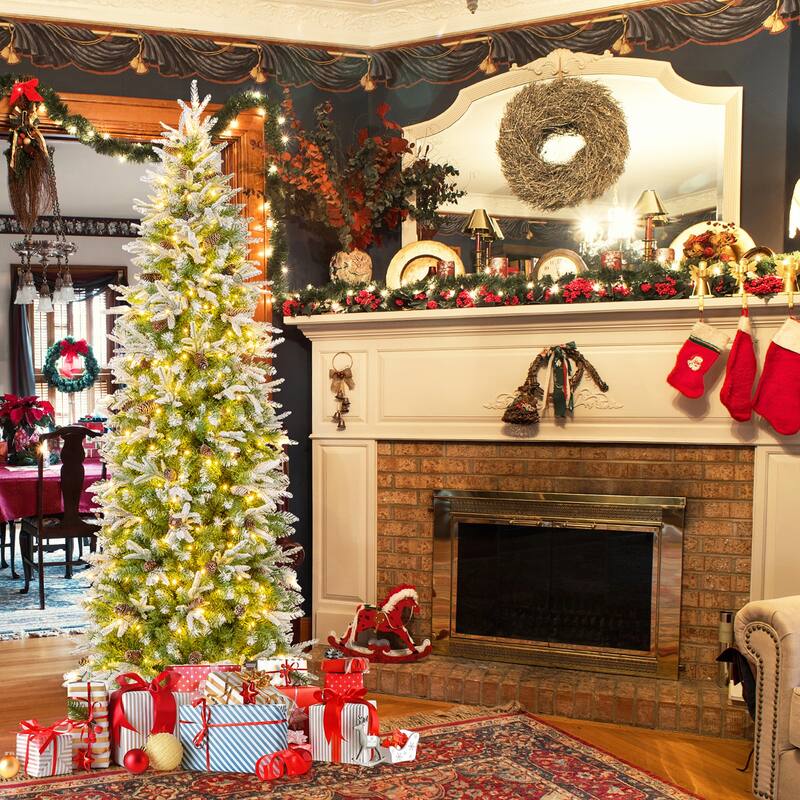 Gymax 6/7.5/9 FT Pre-Lit Artificial Christmas Tree Snow Flocked Hinged