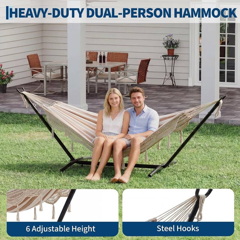 450 LBS Capacity Portable Double Hammock with Stand for Outdoor Patio Backyard Poolside, Tan Stripes - Tan Stripes