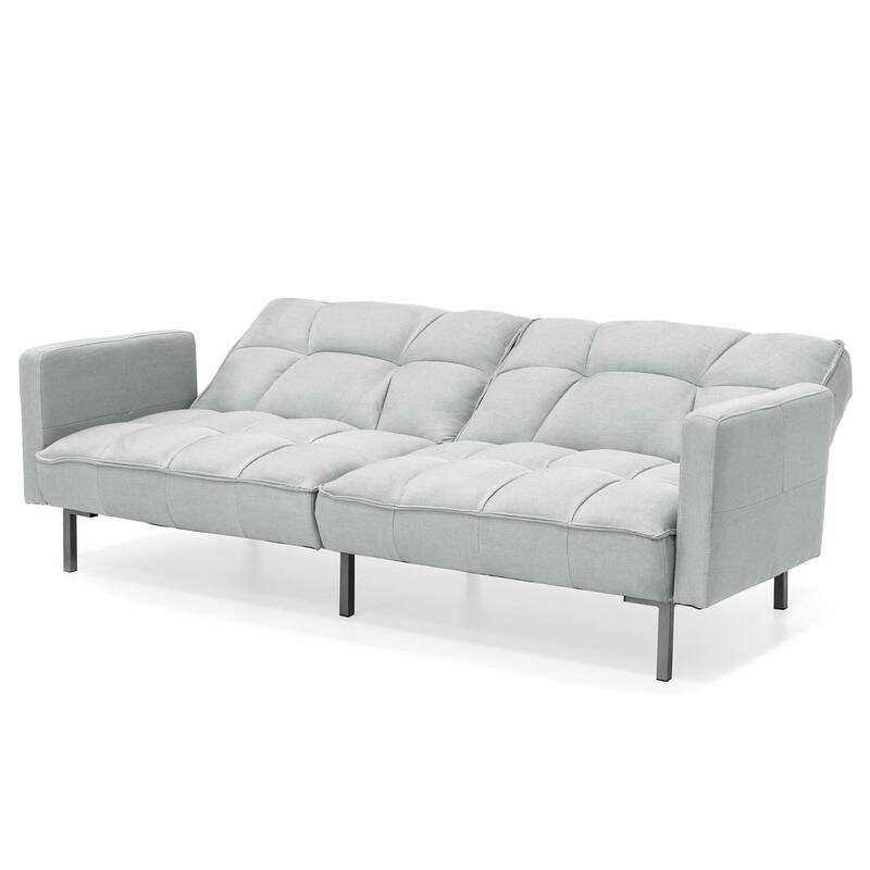 Plush Gray Split-Back Design Convertible Linen Tufted Futon w/ 2 Pillows - 75.5"(L) x 28.25"(W) x 33"(H)