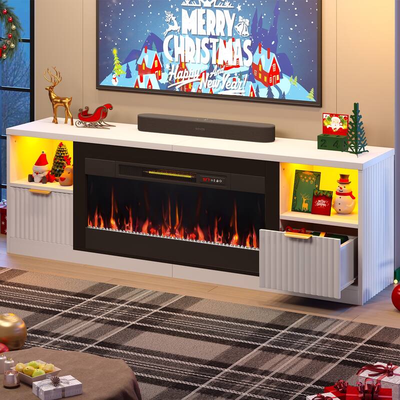 Bestier 71 in. Fluted Glossy White TV Stand with Electric Fireplace Fits TV Up to 75 in. Entertainment Center with Cabinet