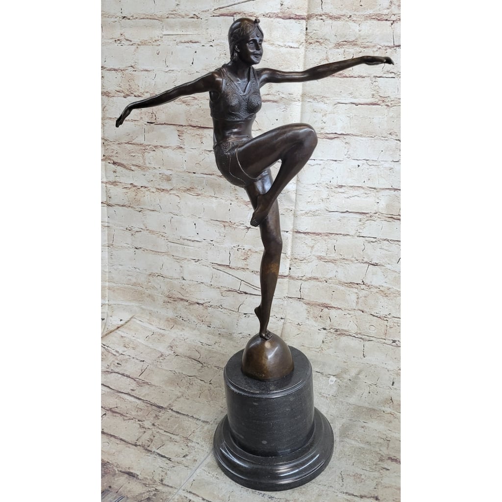 Art Deco Flapper Dancer Girl Bronze Statue Sculpture Decor By Demetre Chiparus On Marble Base