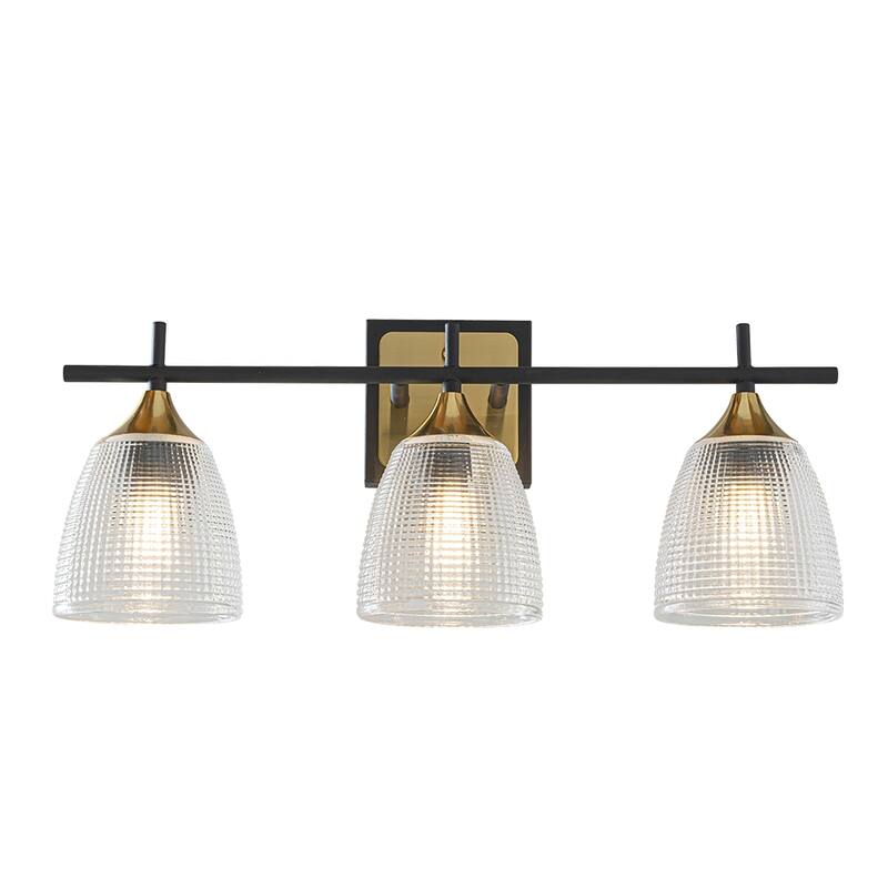 3-Light W21" Contemporary Bathroom Vanity Wall Light in Black and Brass Finish with Dome Shape Clear Textured Glass Shade