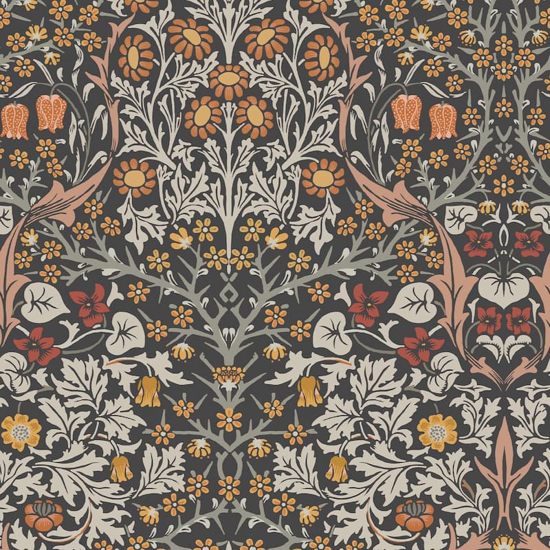 William Morris Blackthorn Charcoal & Burnt Orange Wallpaper