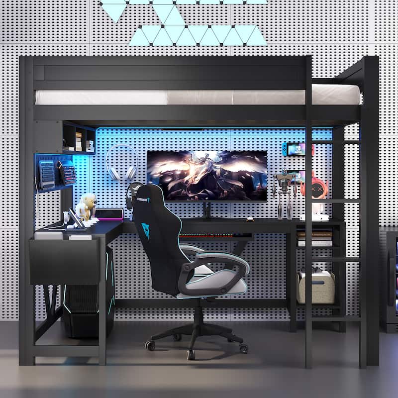 Full Size Gaming Loft Bed with Desk, Wood Frame with Storage Shelves, LED Lights & Charging Station - Black