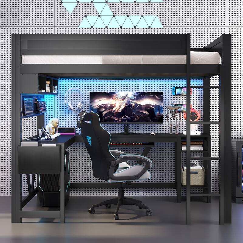 Wood Full Size Gaming Loft Bed Frame with Computer Desk, Grid Storage Panel, Storage Shelves, Cabinet, LED and Charging Station