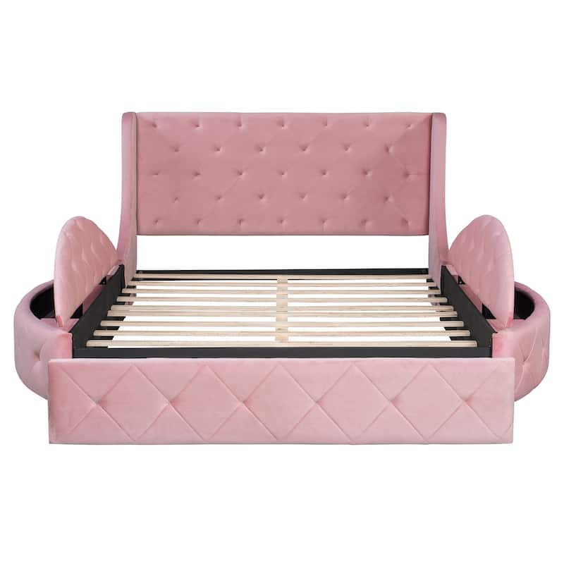 Elegant Queen Size Velvet Bed with Storage Drawer and Two Side Storage Stools