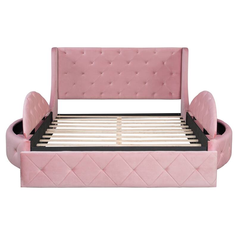 Roomfitters Queen Size Upholstered Platform Bed with Storage Drawer and Velvet Wingback Headboard
