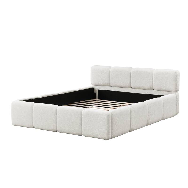 Block Style Boucle Platform Bed Upholstery Grounded Bed Frame w/Thick Headboard & Footboard, Wooden Slat Support, Easy Assembly