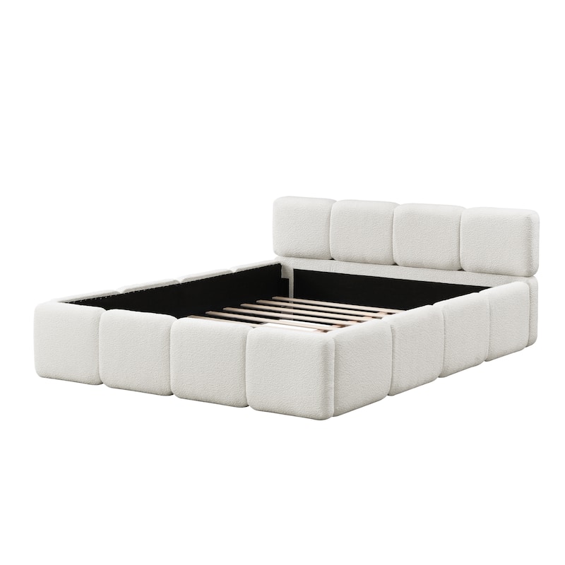 White Block Upholstered Frame Grounded Bed with Boucle Thick Headboard Footboard Platform Bed, Lowprofile Wingback Bed Floor Bed