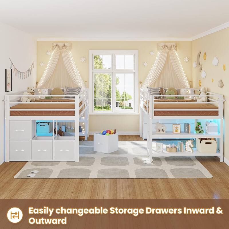 Twin Size Low Loft Bed with 6 Fabric Storage Drawers LED Lights