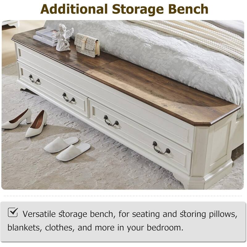 Farmhouse Bed Frame w/ Headboard & Storage Bench, Wood Platform Bed
