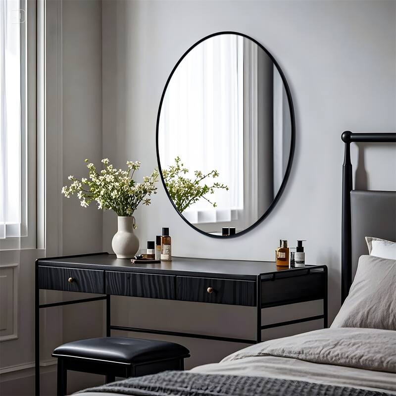 Modern Vertical Black Aluminum Frame Oval Mirror Wall Hanging Vanity Mirror
