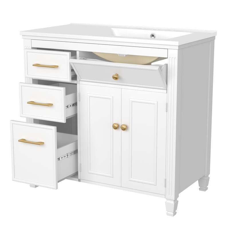 36" Bathroom Vanity with Ceramic Sink, Solid Wood Frame Storage Cabinet with Tip-Out Drawer & Cushioning Doors